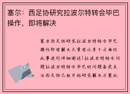 塞尔：西足协研究拉波尔特转会毕巴操作，即将解决